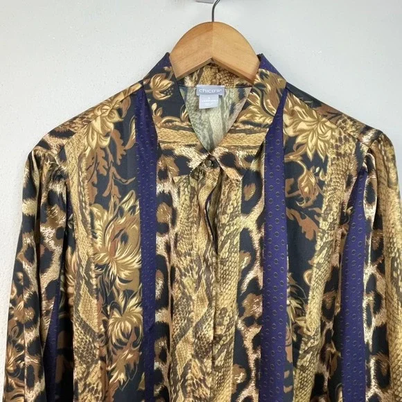 Chicos Sz 3 16/18 Long Sleeve Button Up Shirt Animal Floral Boho Gold Black Blue - Picture 4 of 9